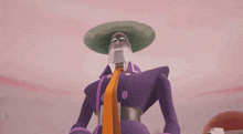 a cartoon character with a green hat and a purple suit