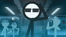 a stick figure wearing sunglasses is standing in front of a sign that says binary tryout