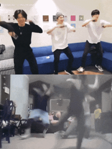 a group of people are dancing in front of a blue couch and a sign that says 5,234,262