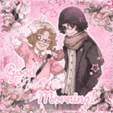 a pink greeting card with two anime characters and the words " good new mike morning "