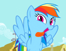 a cartoon pony with a rainbow colored mane and tail is smiling