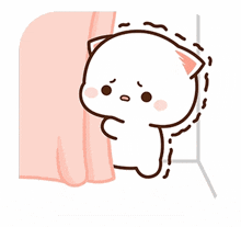 a cartoon cat is standing behind a pink curtain and looking out the window .
