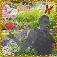 a picture of a man giving a thumbs up in a garden with the words good night