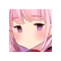 a close up of a pink haired anime girl with purple eyes making a funny face .