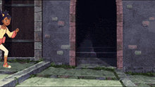 a cartoon girl is running in front of a doorway