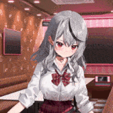 a girl with gray hair and red eyes stands in a room with a sign that says vrradio