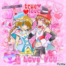 two anime characters are standing next to each other on a pink background with the words true love written above them