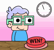 a cartoon of a man with glasses and a button that says wen