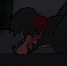 a cartoon of a monster with red eyes and teeth laying on the floor .