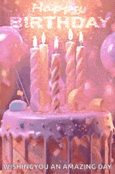 a birthday cake with candles and balloons and the words wishing you an amazing day