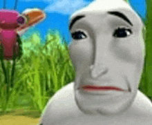 a cartoon character with a sad look on his face is standing in front of a pink butterfly .