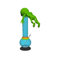a green alien is laying on a blue bong