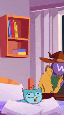 an owl is laying on a bed next to a person wearing a wizard hat