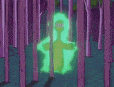 a cartoon character is surrounded by trees and has a green glow around it