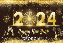 a happy new year georgia sign with a clock