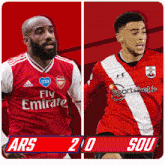 two soccer players are standing next to each other with the score ars 2 sou
