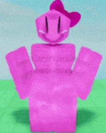 a pink robot with a bow on its head and arms is standing on a green field .