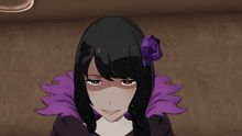 a girl with black hair and a purple flower in her hair is smiling