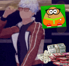 a picture of a man standing next to a pile of money with a picture of a cartoon character behind him that says pic mix