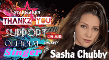 a poster for sasha chubby says thank you support on air official online