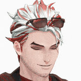 a man with red white and black hair and sunglasses on his head