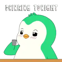 a cartoon of a penguin holding a shot glass with the words drinking tonight written above it