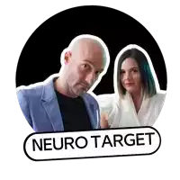 a man and a woman are standing next to each other with a neuro target sticker