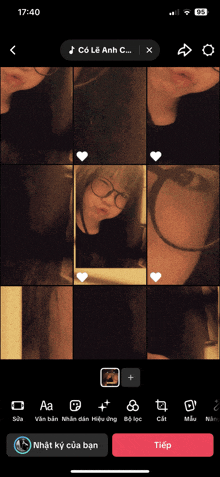 a phone screen shows a girl with glasses and hearts and the time of 17:40