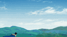 a cartoon drawing of a person flying over a mountain