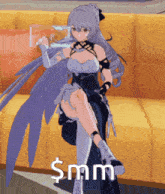 a girl with wings is sitting on a yellow couch with the words $ mm written on the bottom right