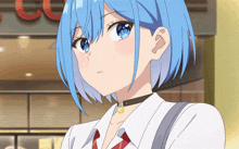 a girl with blue hair and a choker is standing in front of a store