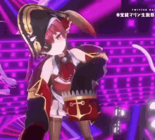 a girl in a pirate costume is dancing on a stage with a cat behind her .