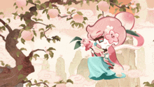 a drawing of a girl with pink hair holding a flower