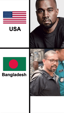 a man with a beard and glasses is next to an american flag and a man with a beard and glasses from bangladesh