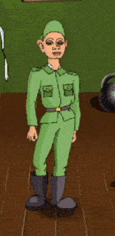a man in a green military uniform is standing on a wooden floor