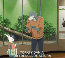 a cartoon of a wolf standing next to a rabbit with the words torki y dania difference de altura below them