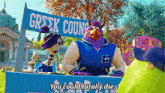 a cartoon character says you could totally die in front of a sign that says greek council