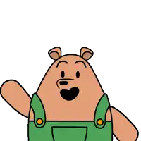 a brown bear wearing green overalls is waving