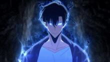 a man with glowing blue eyes is standing in front of a dark background