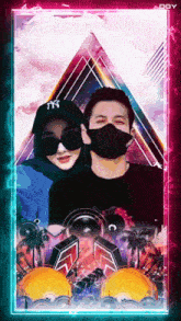a man and a woman wearing face masks pose for a picture in front of a triangle