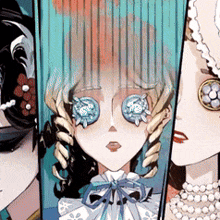 a cartoon drawing of a girl with blue eyes and a pearl necklace