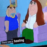 a cartoon of a man and a woman sitting on a couch with a sign that says there was a healing .
