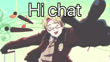 a cartoon character giving a thumbs up with the words hi chat written above him
