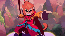 a cartoon monkey is holding a sword and a bow tie