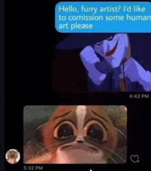 a text message from a furry artist asking if they could comission some human art