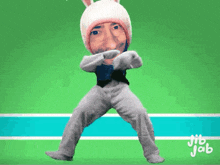 a man in a bunny costume with jib jab written on the bottom right