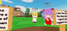 a cartoon girl with purple hair is standing in front of a sign that says join the server