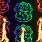 a glow in the dark logo for mangprang with flames coming out of it