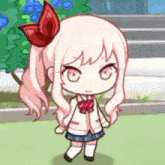 a cartoon girl with pink hair and a red bow in her hair is standing in front of stairs .