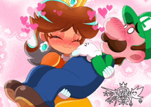 a cartoon drawing of princess daisy being kissed by luigi